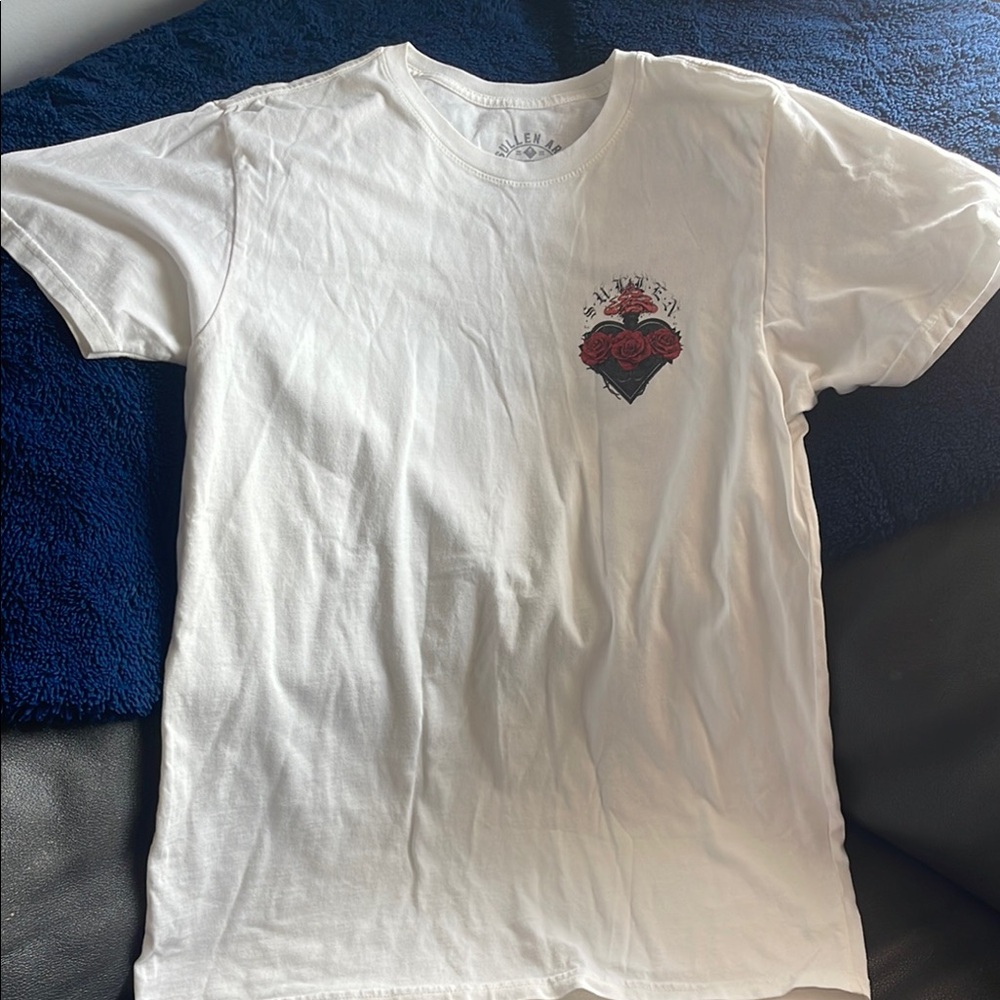 White T-Shirt with Red Rose and Heart Graphic